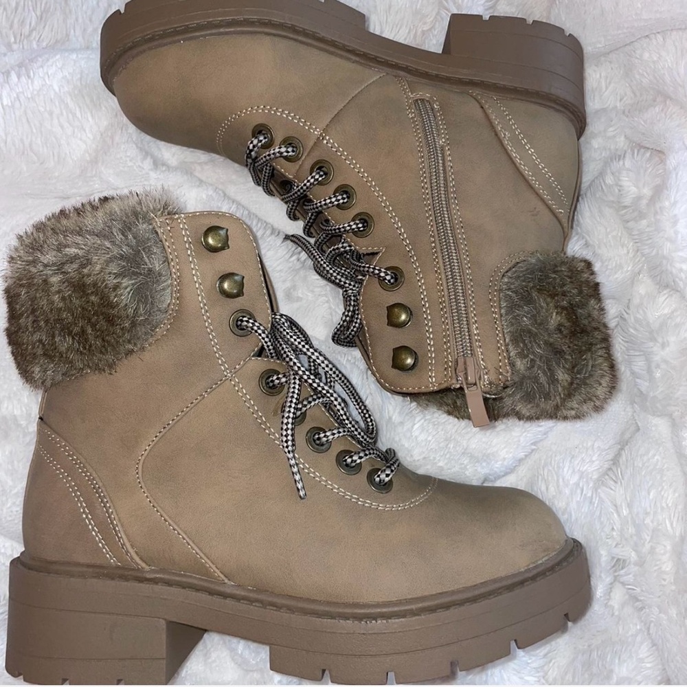 Fashion Nova Tan Ankle Boots with Fur Trim